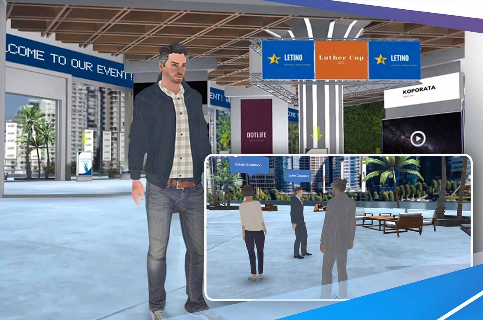 360 degree Event Hall with banners, videos, presentations and other avatars