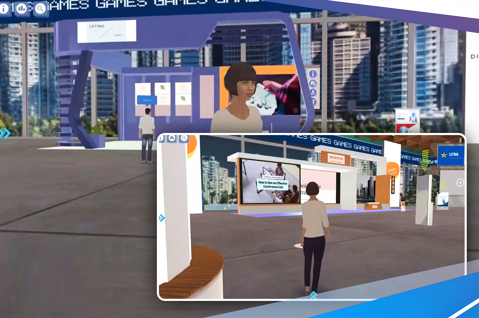 360 degree view of custom Exhibition Area and Booths with avatars