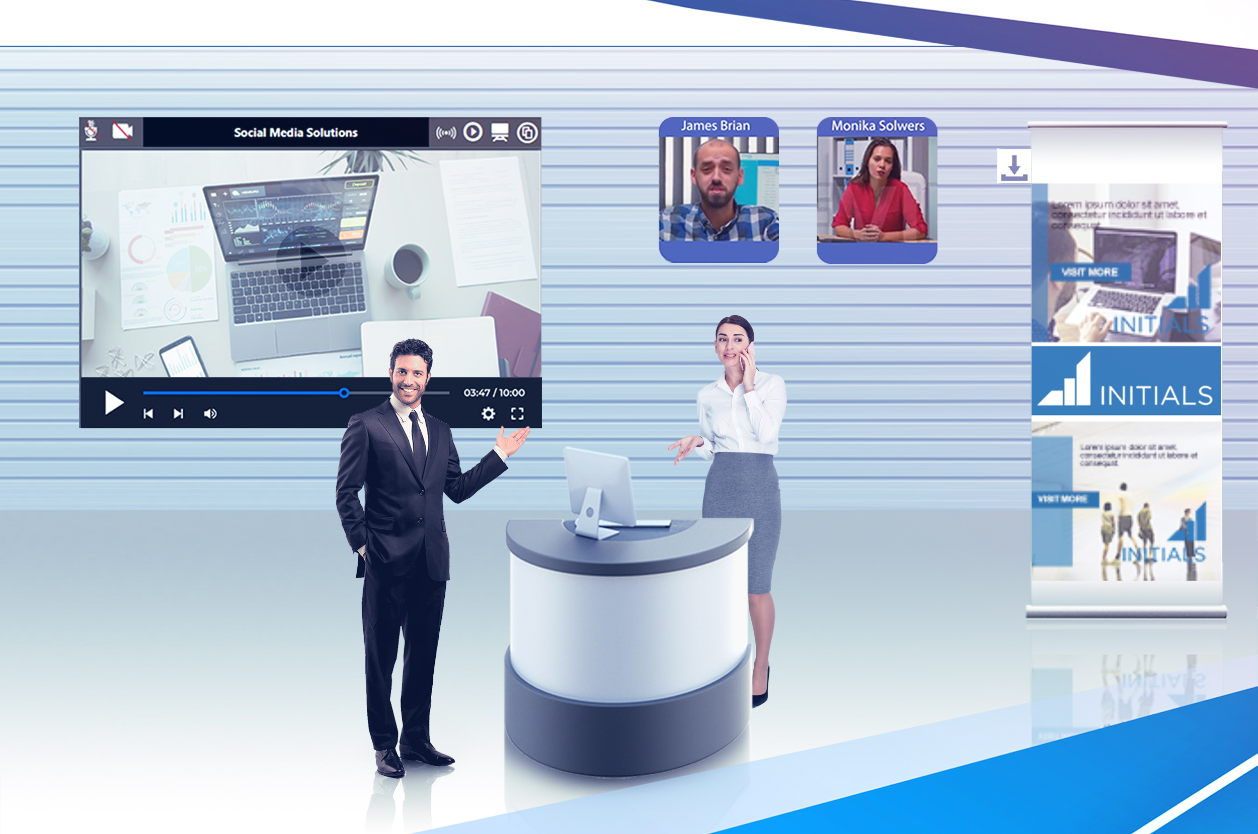 Standing 2D meeting with a company representative sharing video to potential client